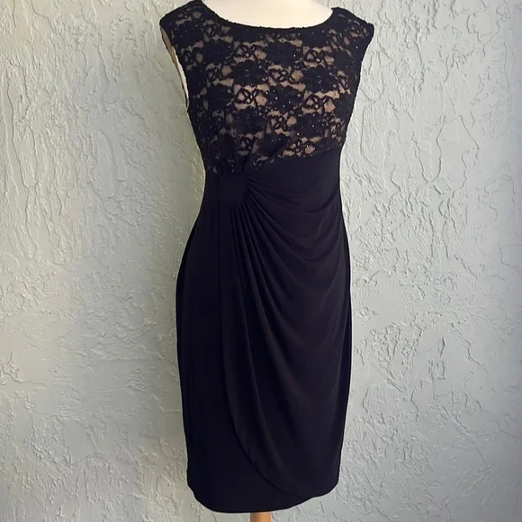 connected apparel | Dresses | Connected Apparel Black With Lace Over Nude  Bodice Dress | Poshmark